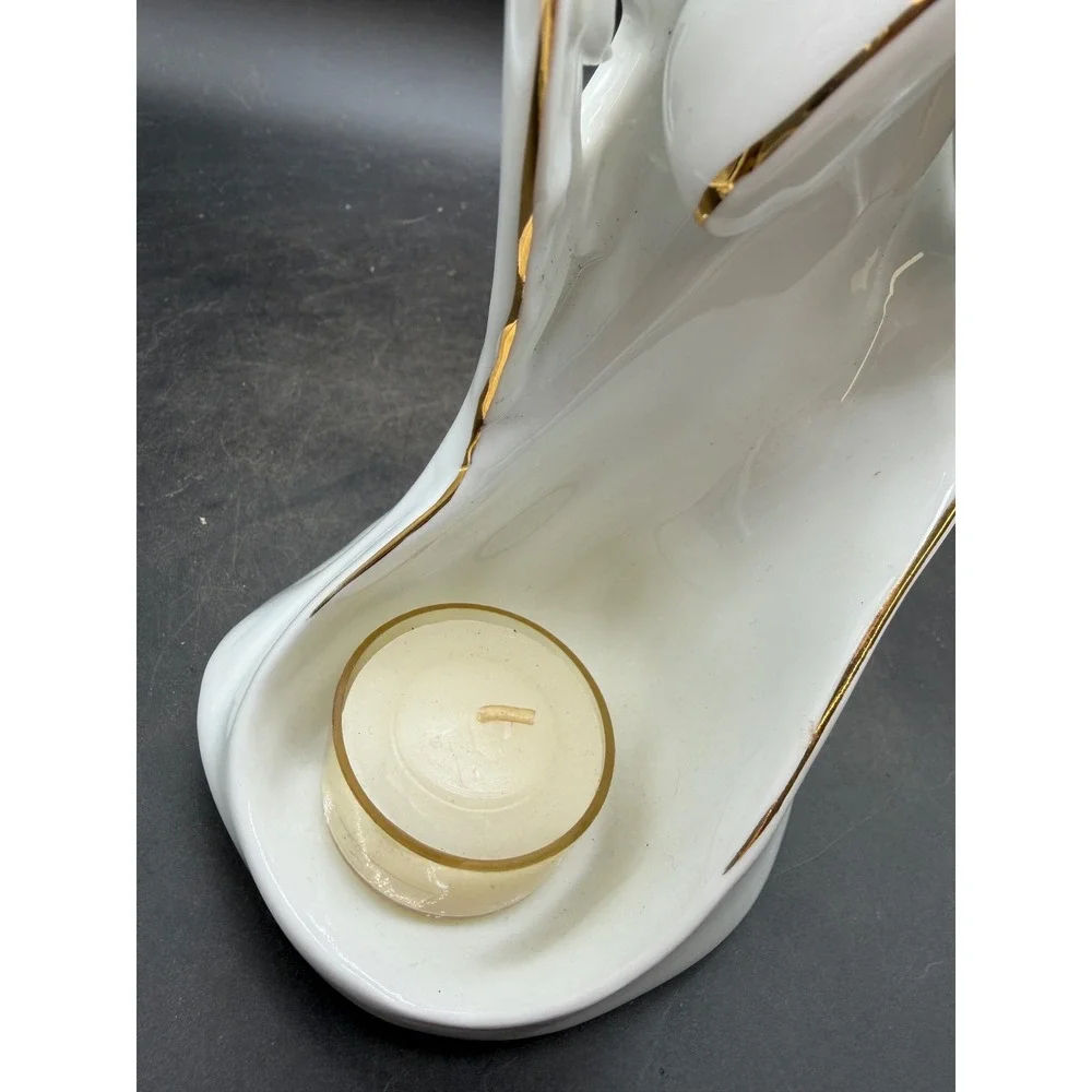Fine Porcelain Praying Angel Tea Light Candle Holder White Gold Trim 7.5 Inch